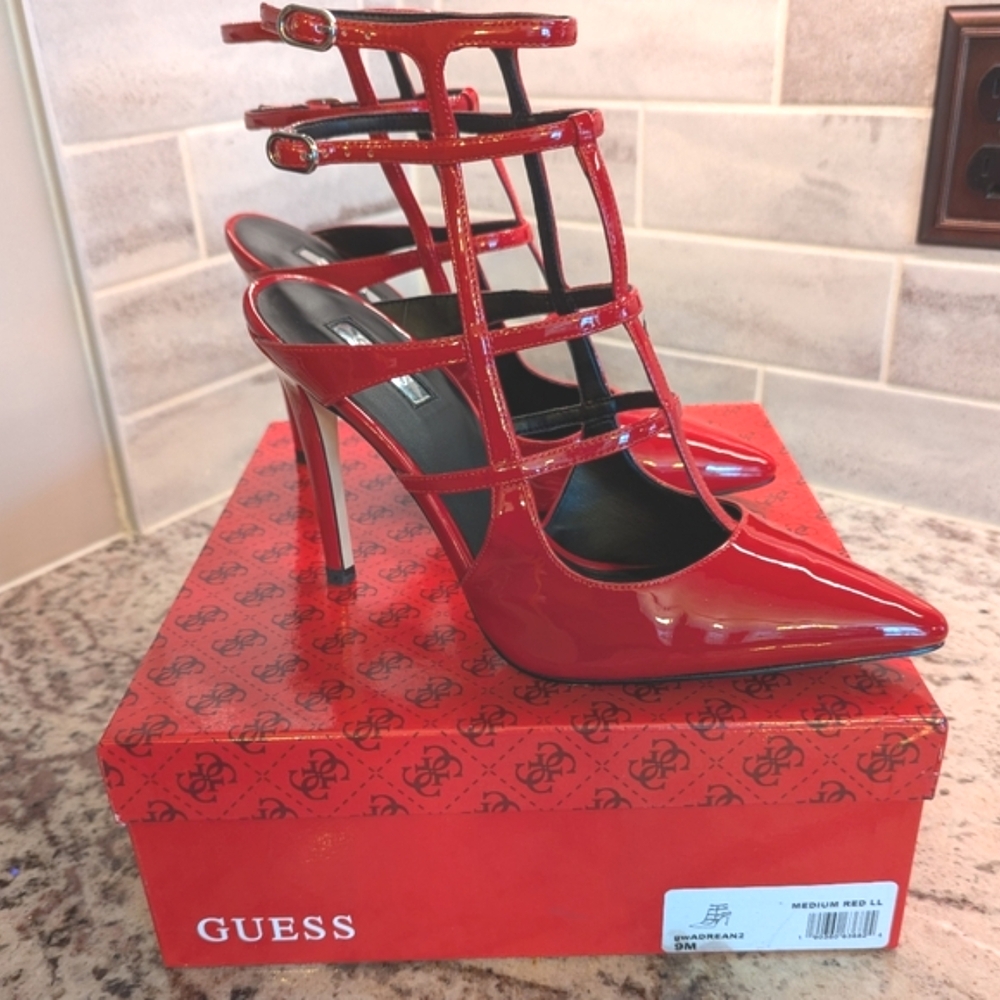 Guess Red Patent Strappy Pointed-Toe Heels
